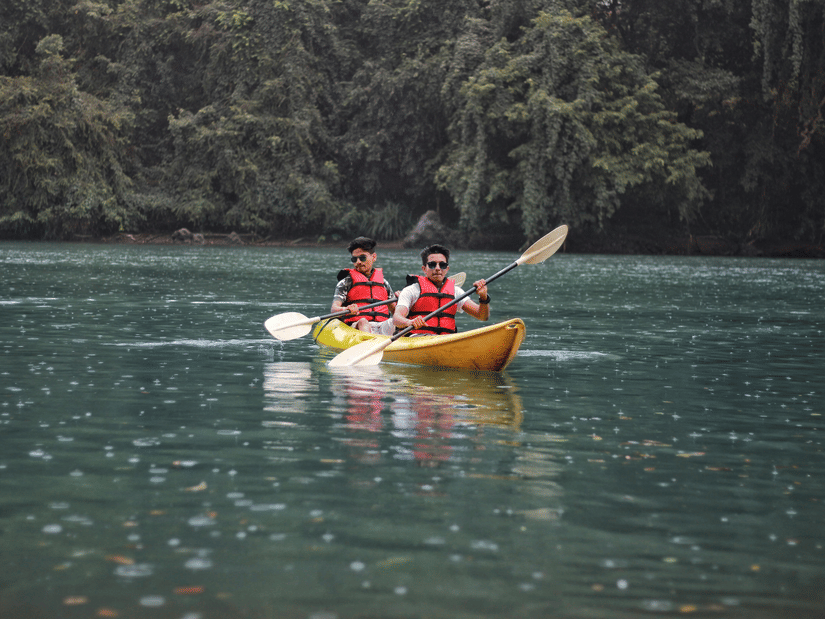 2 people kayaking near havelock island wearing safety vests