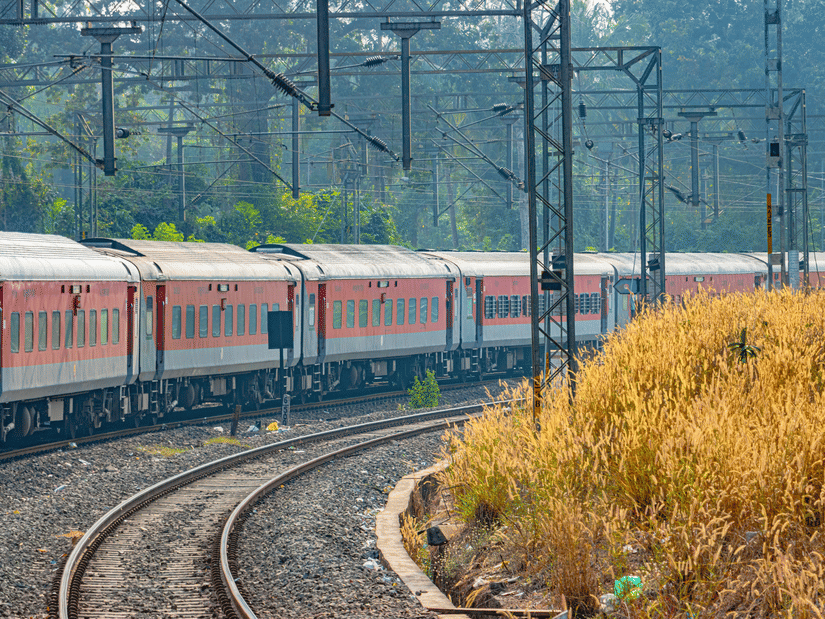 A view of a lengthy train travelling on the track with another empty track on the right hand side and trees on the left hand side, the distance from Pune to Goa is about 470 km on road.
