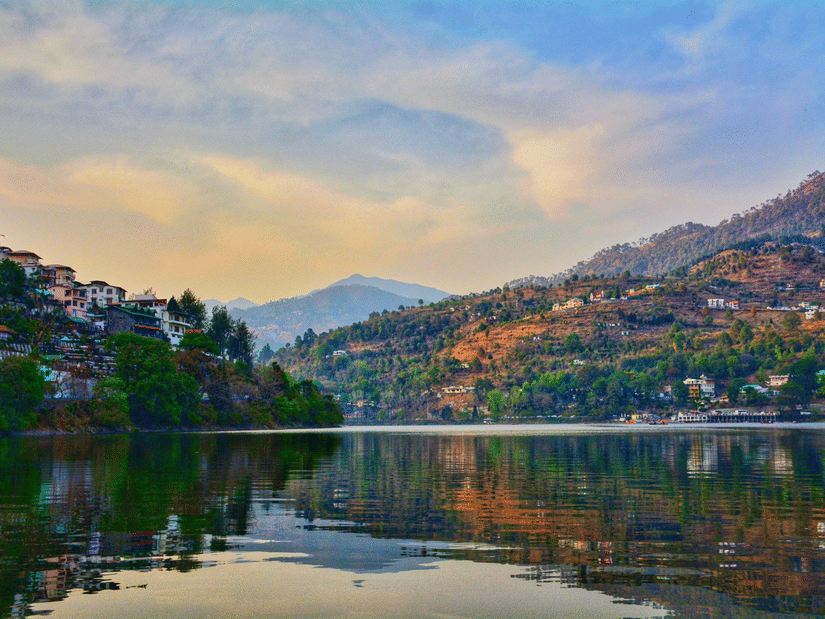 Scenic sunset view over Bhimtal Lake and surrounding hills