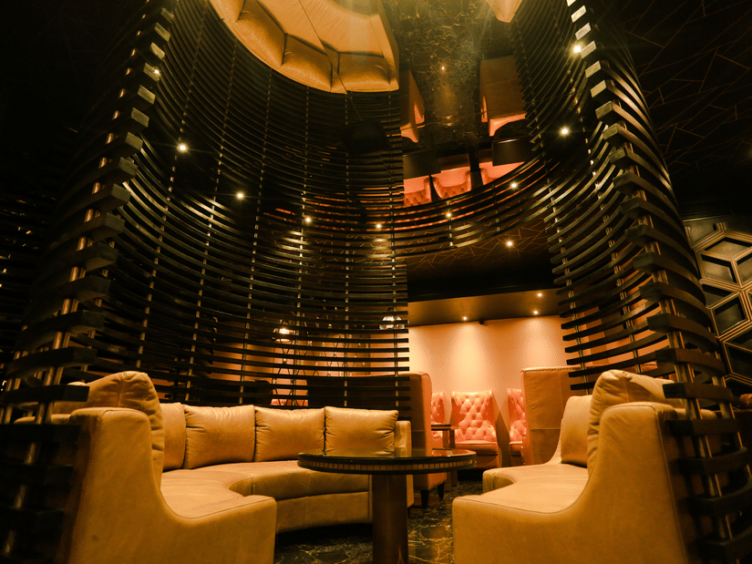 An overview of the seating arrangements inside the Lounge at Alchemy, our in-house bar in Chennai - Raj Park Hotel, Chennai.