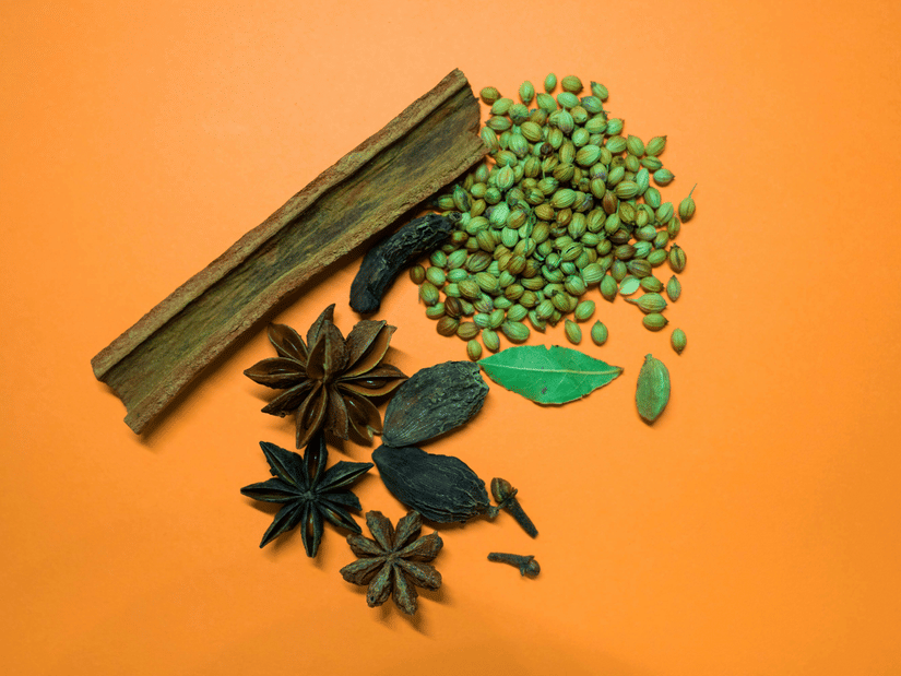Whole spices including cinnamon sticks, star anise, curry leaves, and coriander seeds arranged neatly
