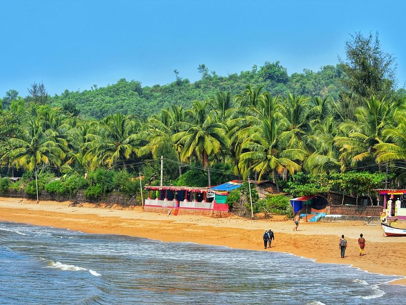 A sandy beach with a cluster of palm trees and small colourful shacks by the water