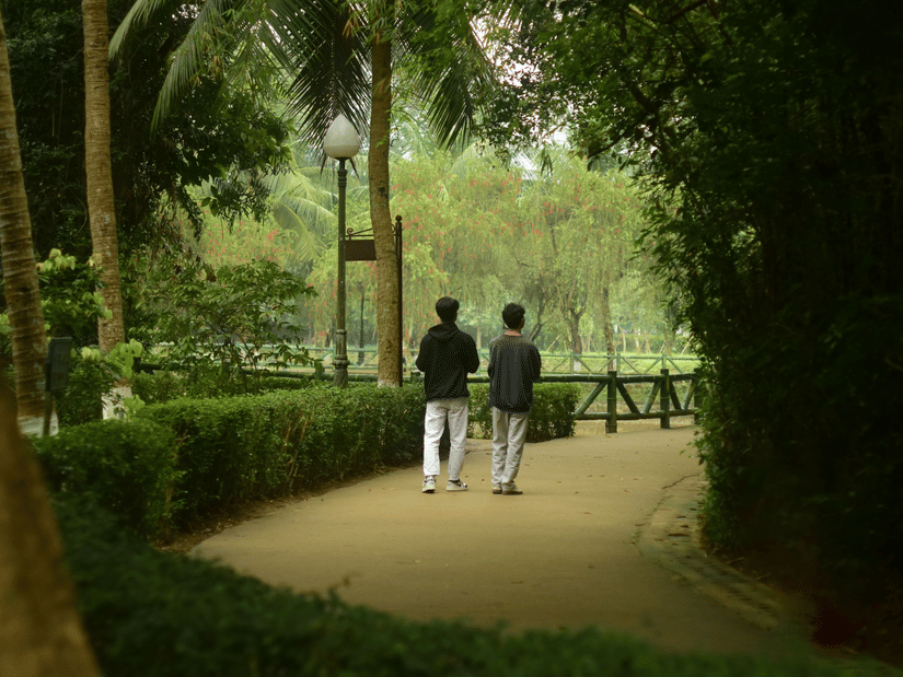 Visitors walking along a shaded garden trail surrounded by dense trees and landscaped hedges.