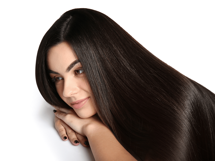 A woman with glossy and healthy long hair.