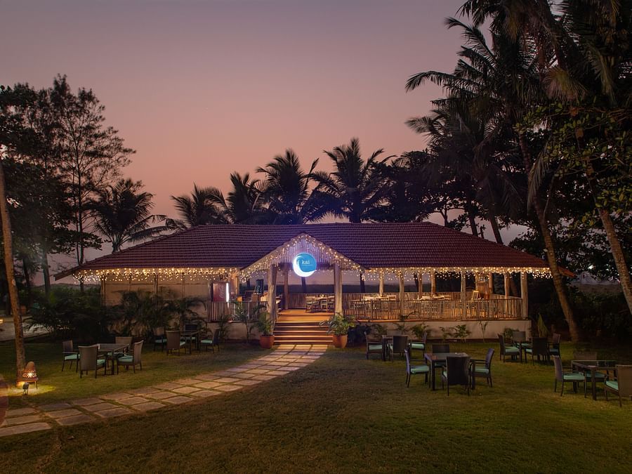 Kai, our seaside restaurant looks enchanting in the late evening sky