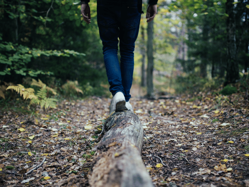 A person walking along a fallen tree trunk in forest area, with dry leaves on the ground and trees visible in the background.