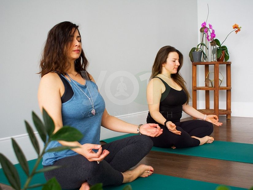 two women performing yoga indoor on mats
