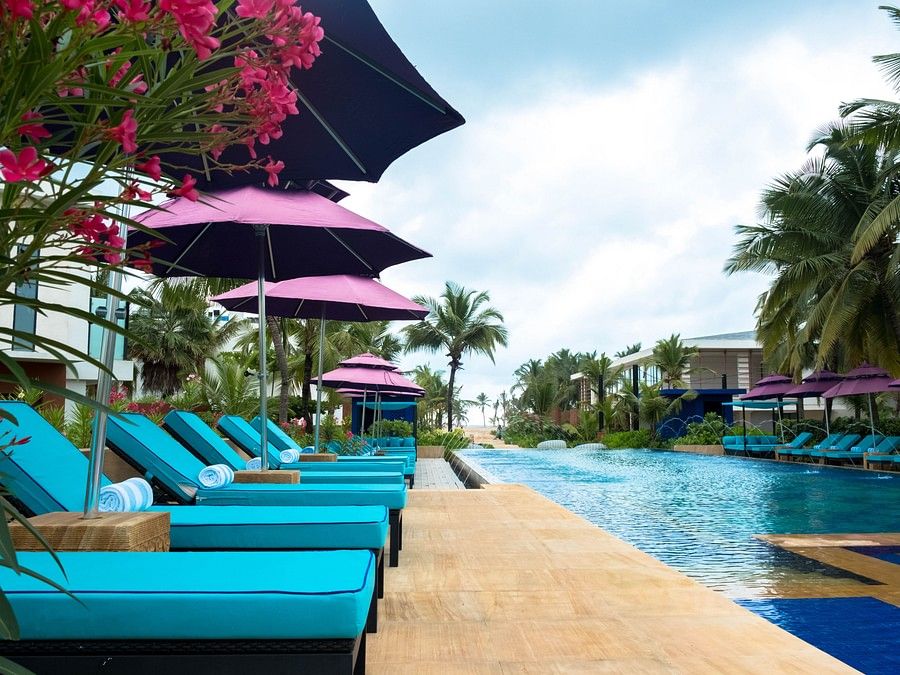 swimming beds lined beside the pool at Azaay Beach Resort