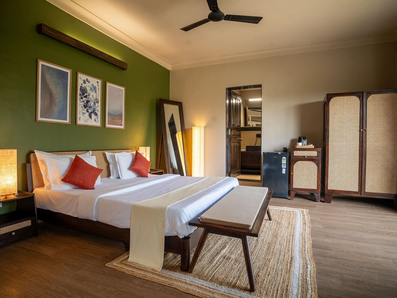 Bright bedroom with earthy tones and sleek furniture at Kssemya.