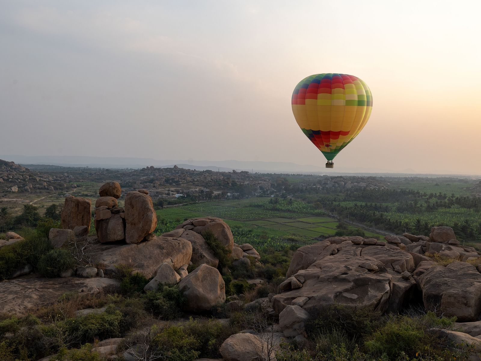 hot air balloon mid flight in Hampi