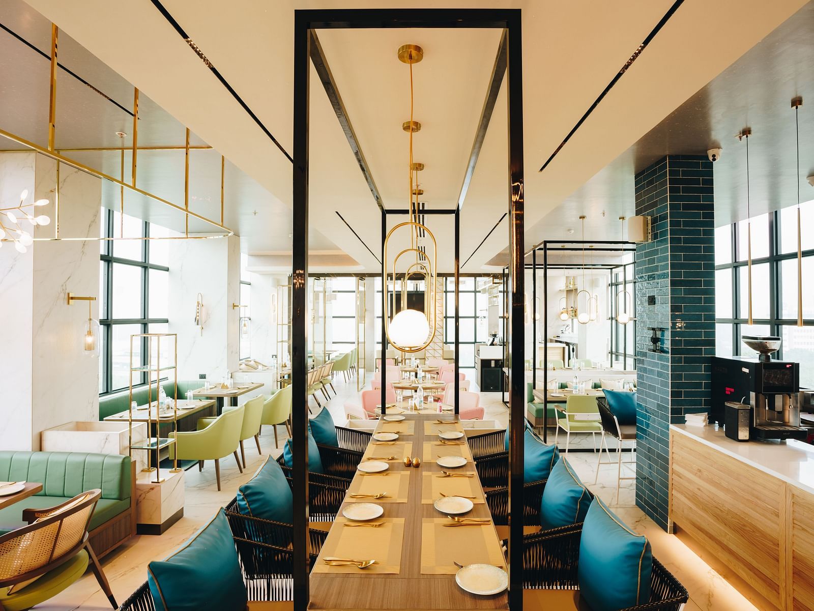 An overview of the seating arrangement inside Zaika Restaurant - Gemini Contental.