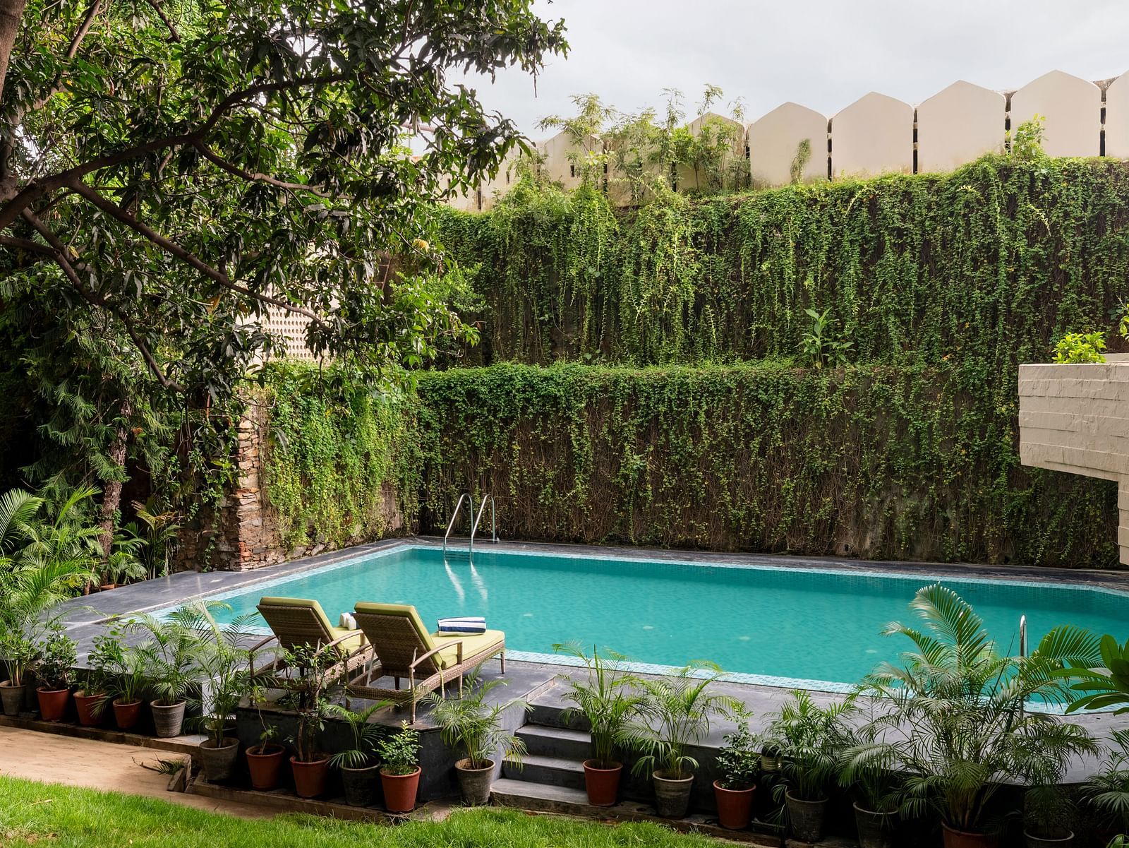 Shot of the swimming pool at the hotel in the morning - Hotel Rajdarshan, Udaipur.