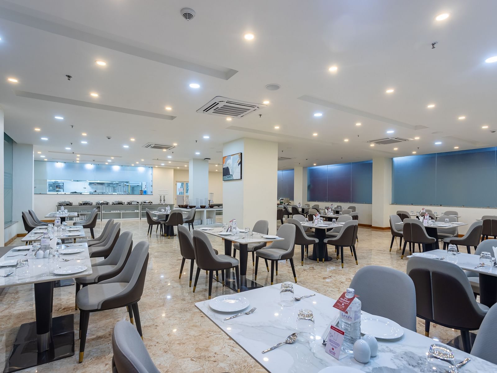 Close up view of dining tables placed spaciously at the Blue Coriander Restaurant at Mandala Norling Lords Prime in Kathmandu.