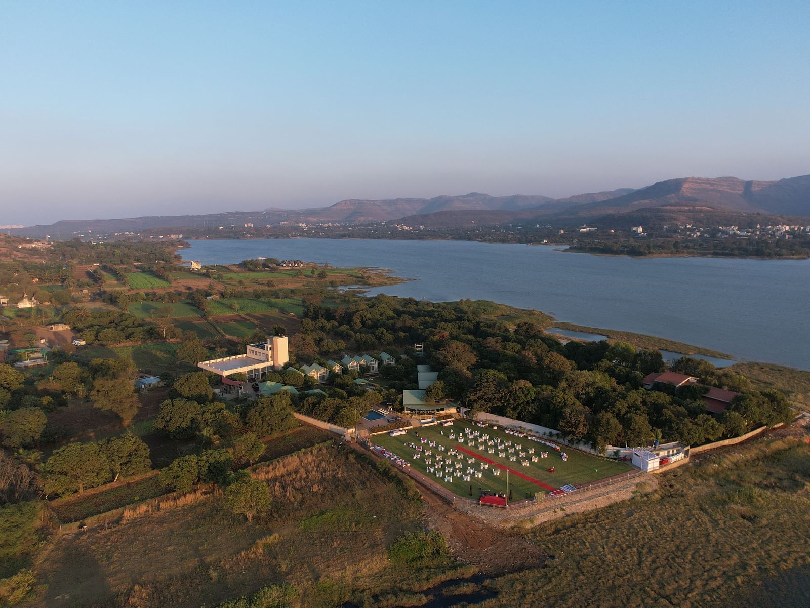 Aerial view of the Mango Leaf Lake Resort, Pune near Khadakwasla Dam