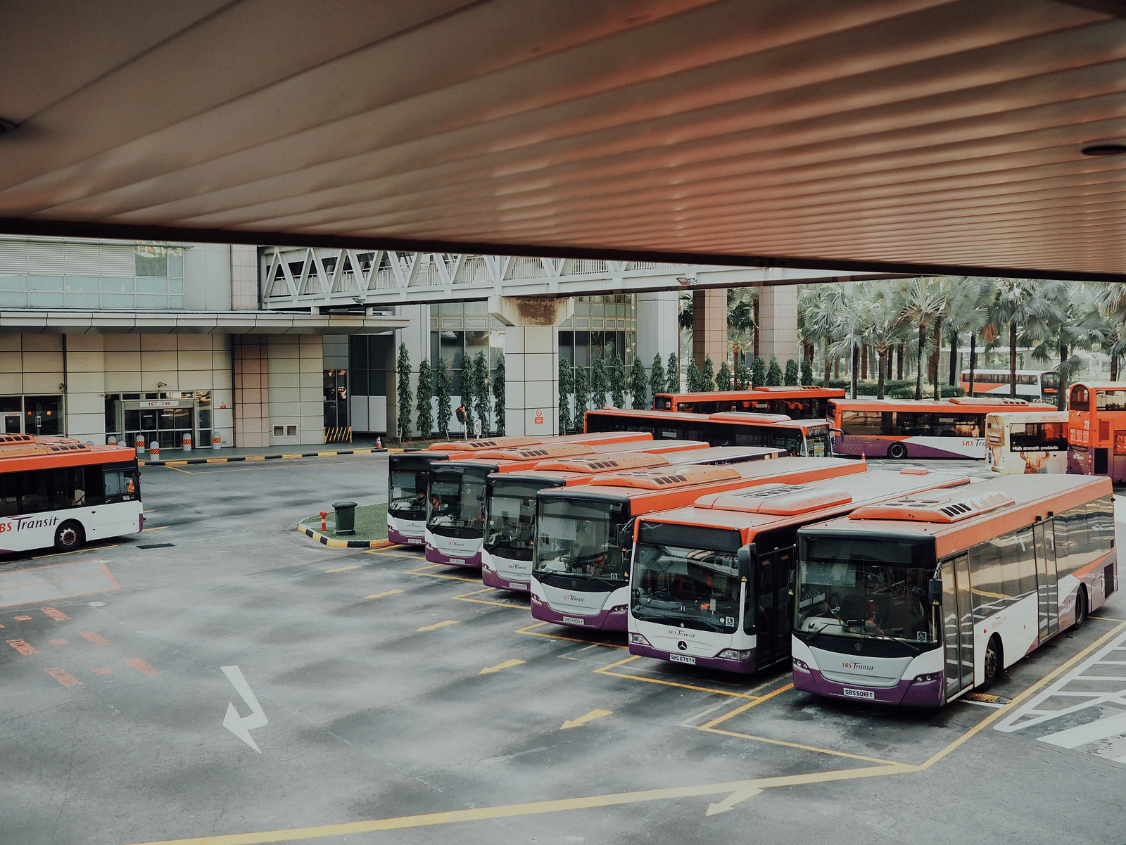 busses parked next to each other in a bus depot as seen from a distance