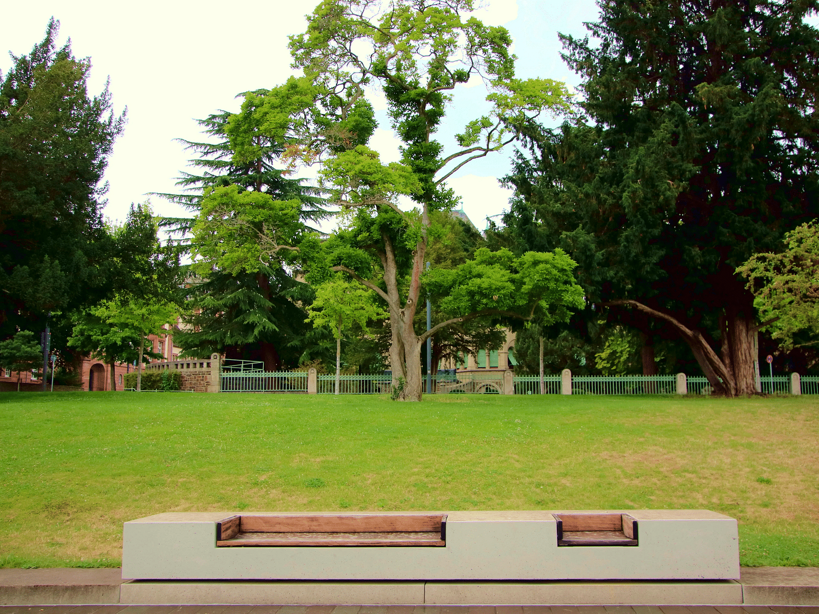 Modern park seating on a manicured lawn with trees in the background.