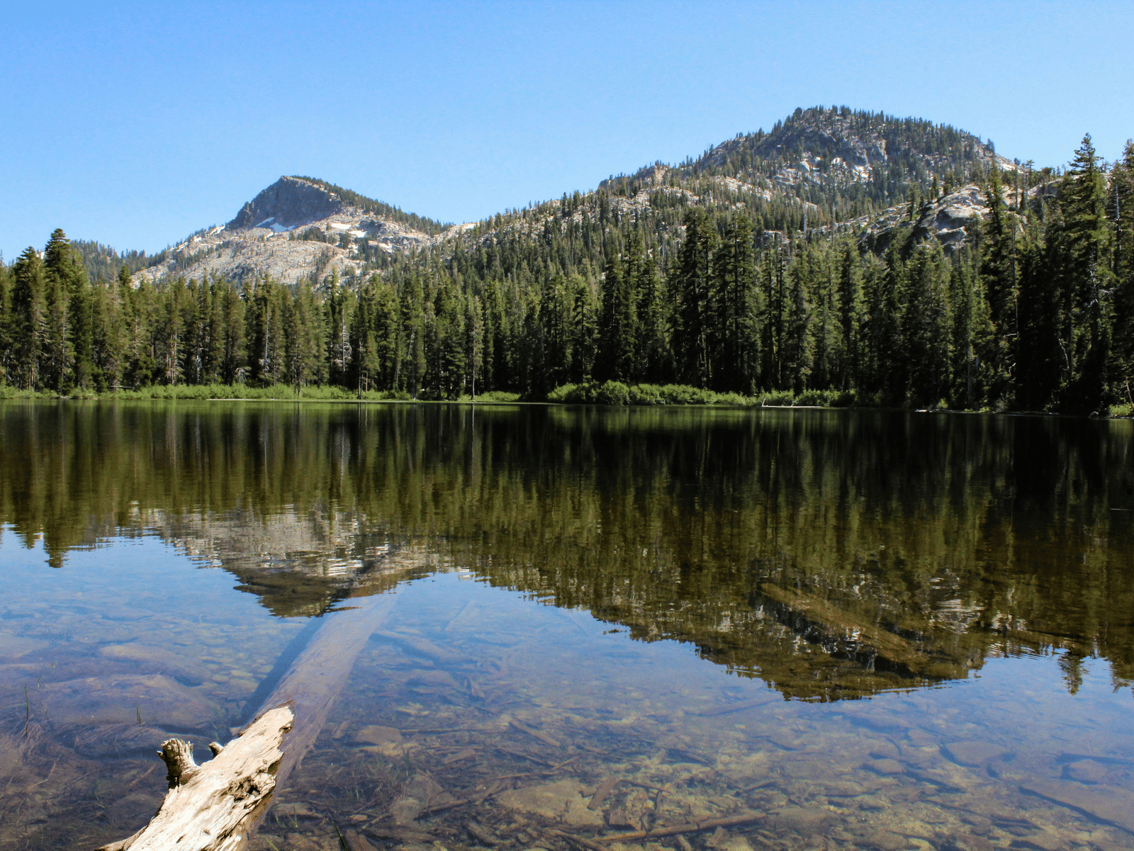 A view of  a lake with the reflection of a nearby mountain surrounded by trees.