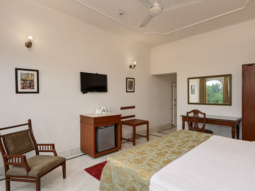 A hotel room at Ram Pratap Palace in Udaipur, with a bed, a chair, a mini fridge, a wall-mounted TV, a desk, and a large mirror.