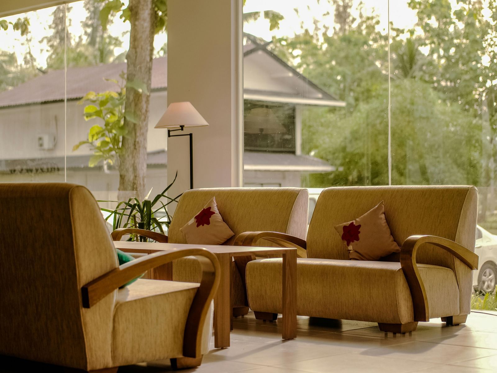 A yellow sofa seating in the lobby.