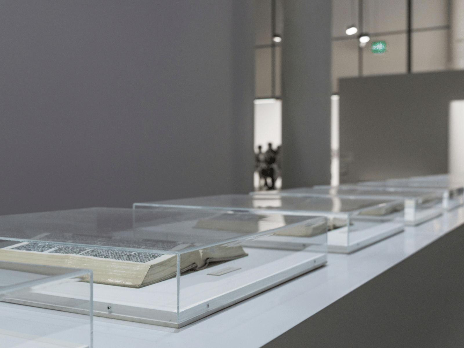 Several books kept in a transparent glass case in a museum.