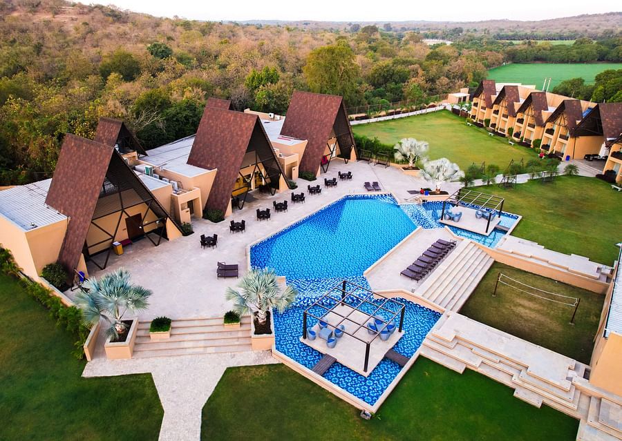 Aerial view of swimming pool at jagira Ananta elite