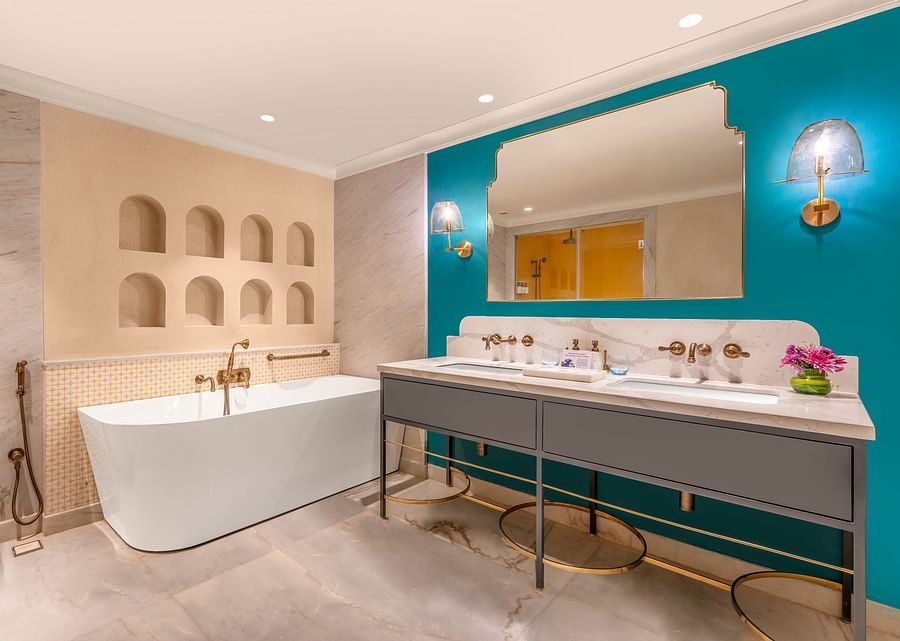 Interiors of the washroom in The superior royal room with bathtub - Aloha on the ganges Rishikesh