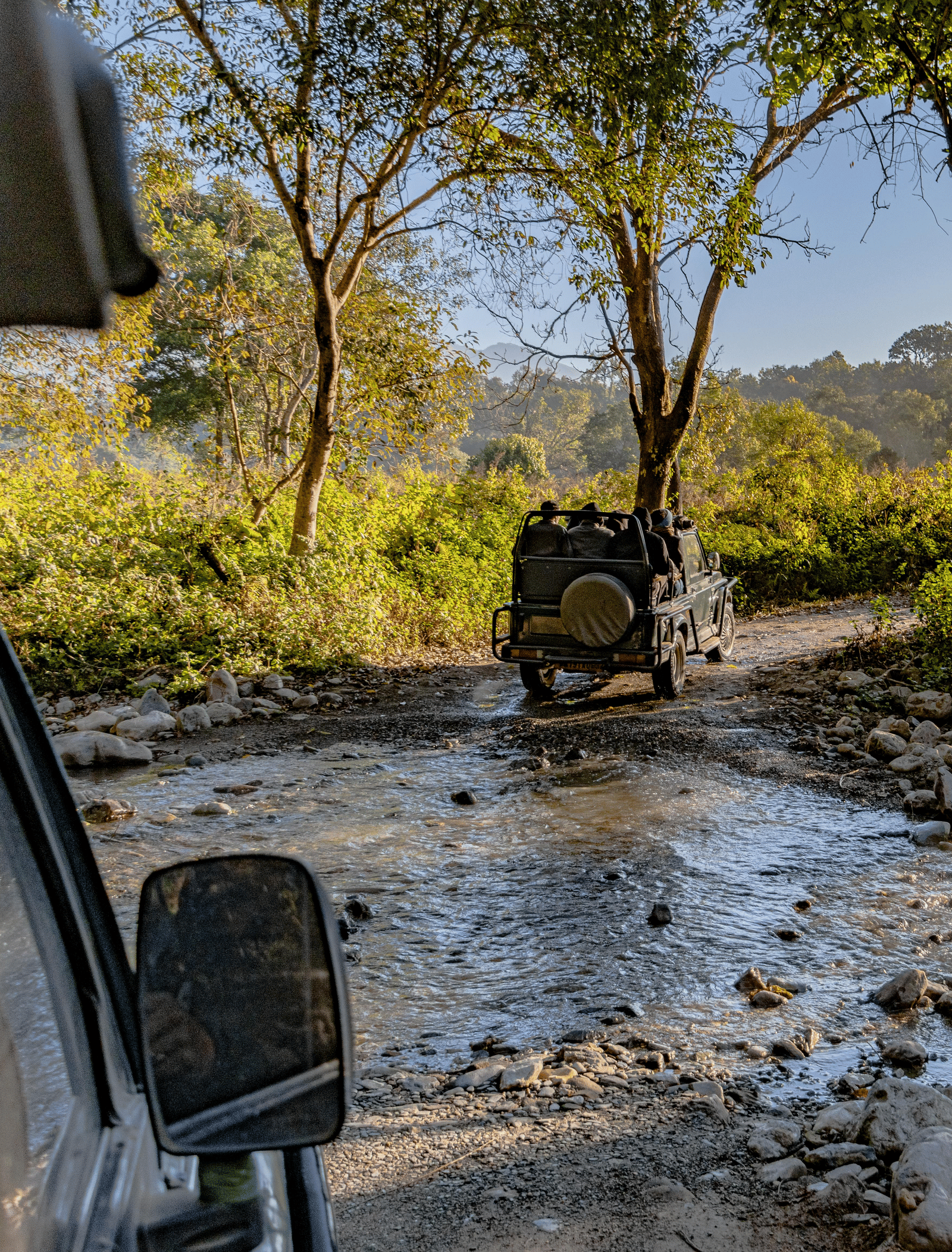 Image of two safari jeeps traversing through a stony water stream at Jim Corbett