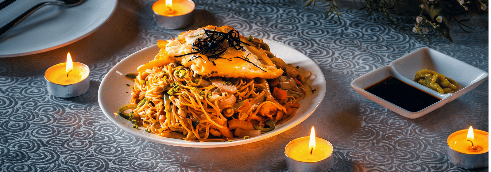 Stir-fried noodles with vegetables topped with a fried egg and shredded seaweed, served with soy sauce and wasabi at Ajito, Ilara Hotels & Spa, Tada.