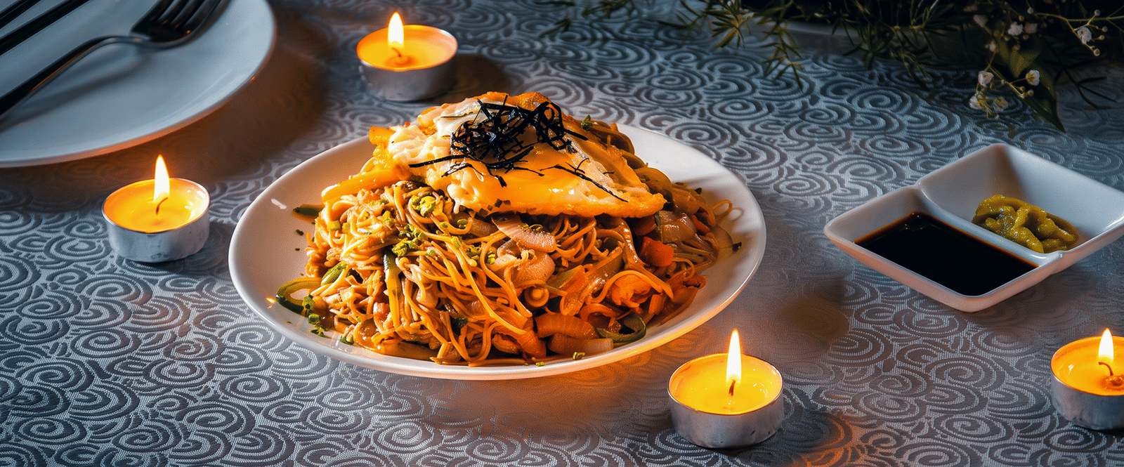 Stir-fried noodles with vegetables topped with a fried egg and shredded seaweed, served with soy sauce and wasabi at Ajito, Ilara Hotels & Spa, Tada.