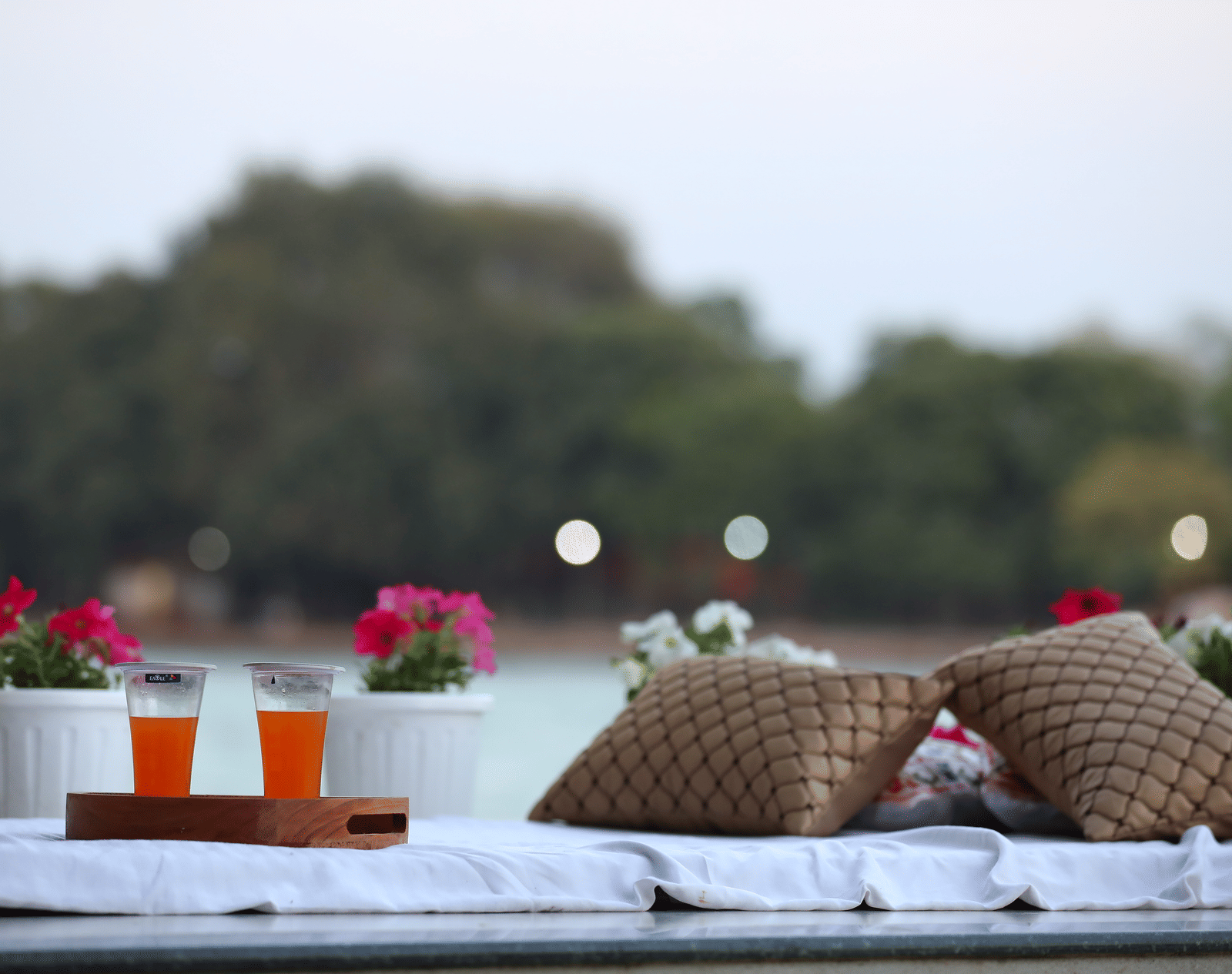 Outdoor seating with pillows and drinks on a table overlooking a body of water - Perfectstayz Premium at Har Ki Pauri Road (Ganga Heights)