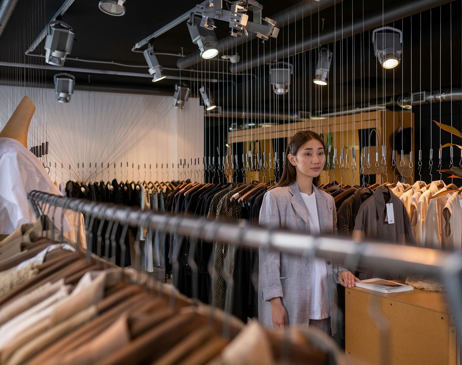 An interior view of a clothing store with racks of garments and a person in the background.