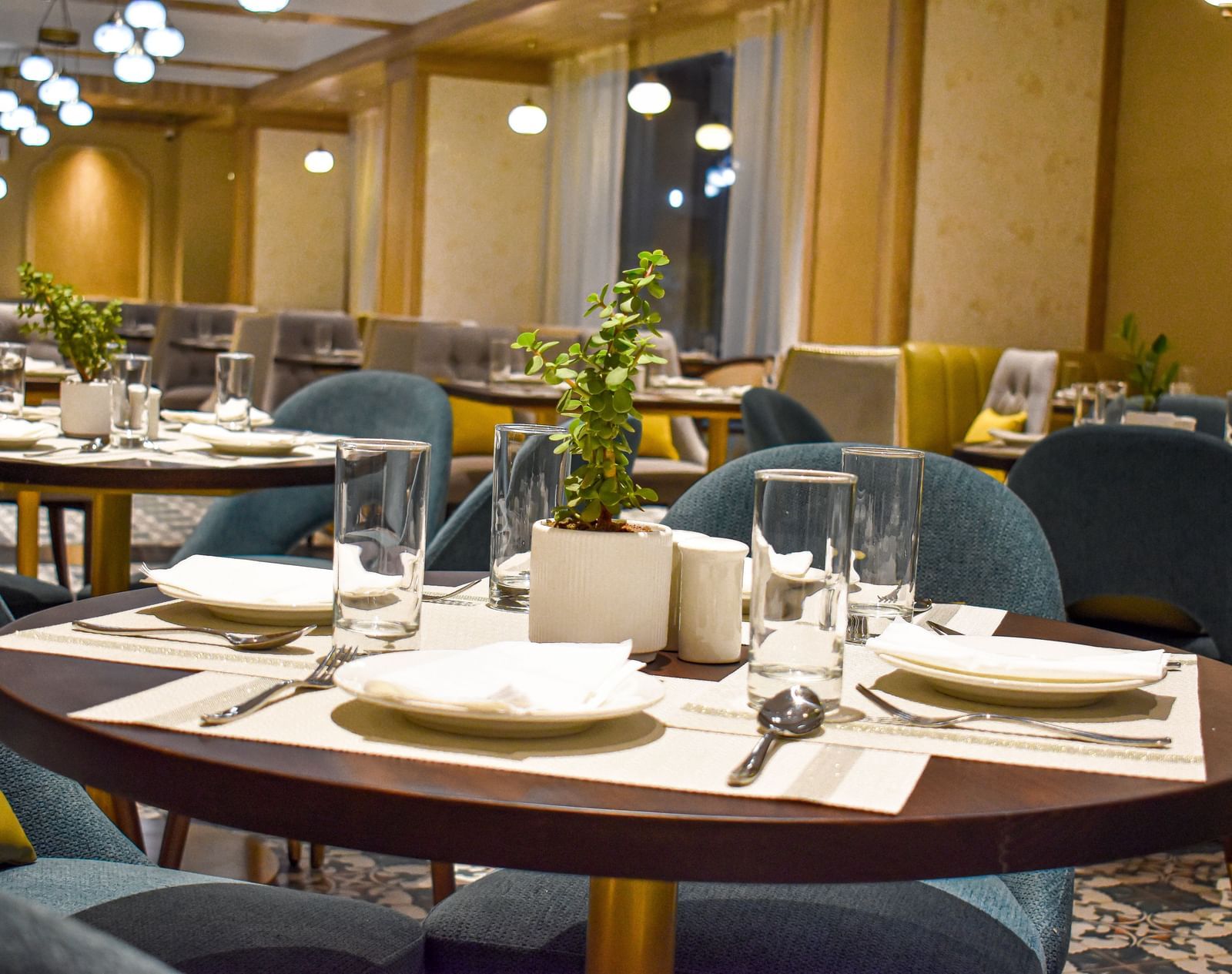 A restaurant interior with set round table, upholstered chairs, glassware, plants, and decorative lighting at one of the best veg hotels in Jaipur - Urban Suites by BluSalzz, Jaipur