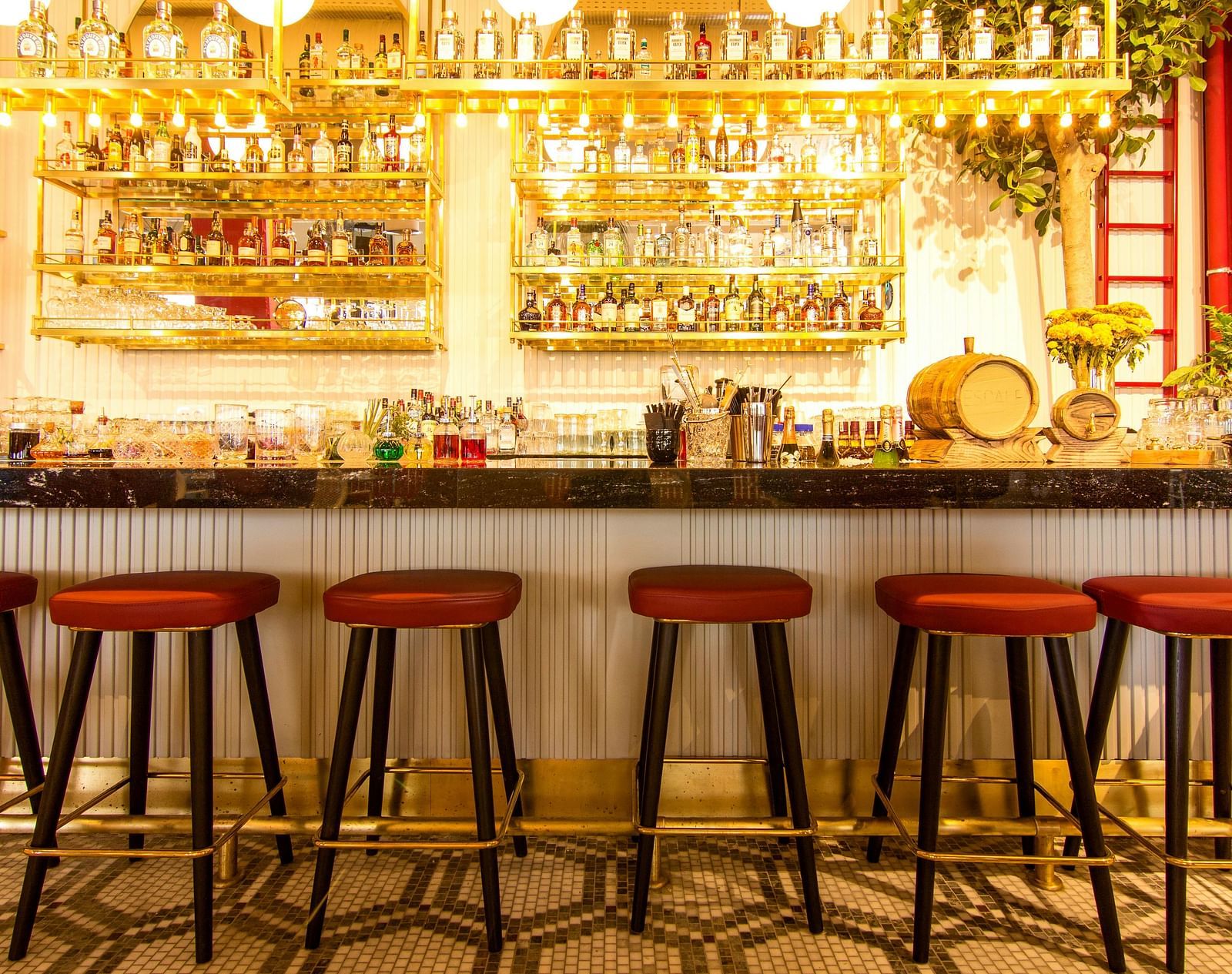 A bar with red stools lined up in front of a well-stocked back bar with bottles and glasses.