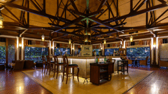 A part of the tastefully decorated bar with the bar table and seating areas at our resort in Pushkar 