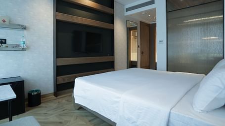 Contemporary guest room at Regency Hotel, Mumbai with comfortable bedding, flat-screen TV, modern furnishings and stylish decor for business and leisure travellers.