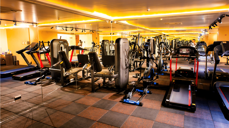 Fitness centre with a preacher curl bench, upright exercise bike, adjustable benches and a frosted glass entrance door at Ilara Hotels & Spa, Tada.