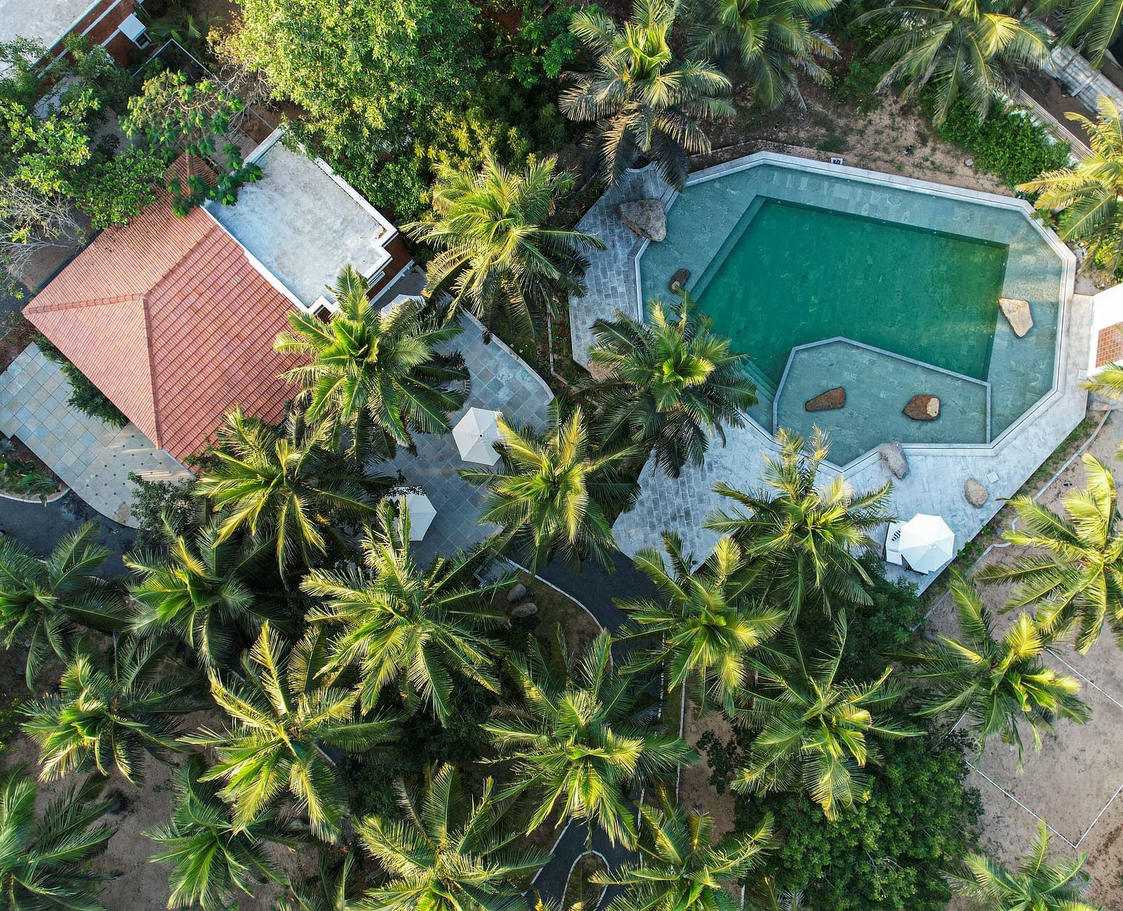 Aerial view of a private beach resort near Pondicherry with a swimming pool | Mango Hill Shallow Beach Resort ECR