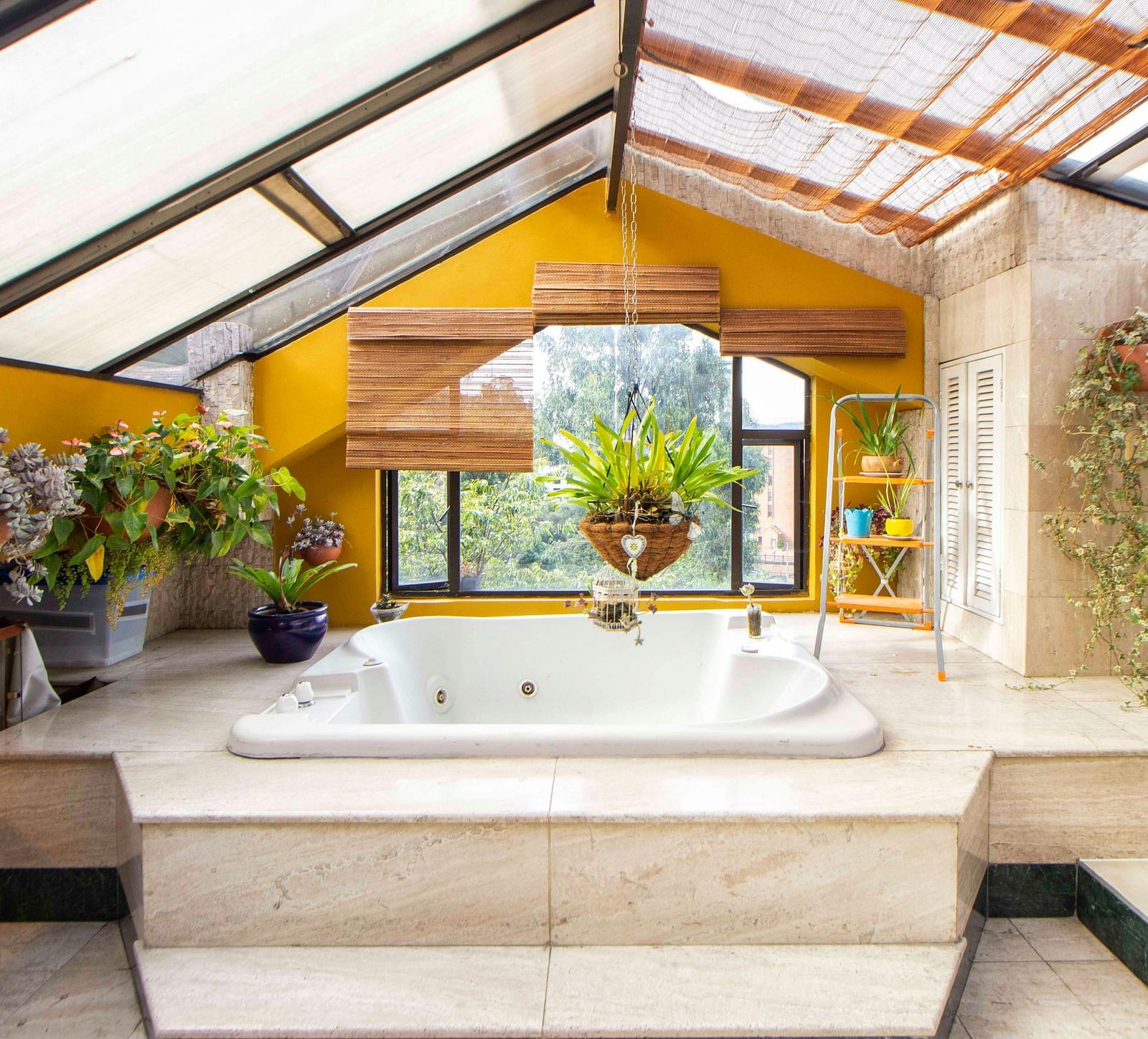 A jacuzzi surrounded by plants, serving as a decorative feature