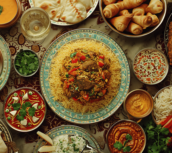 Top-view of a spread of assorted Indian dishes including curries, bread, and chutneys arranged on a table.