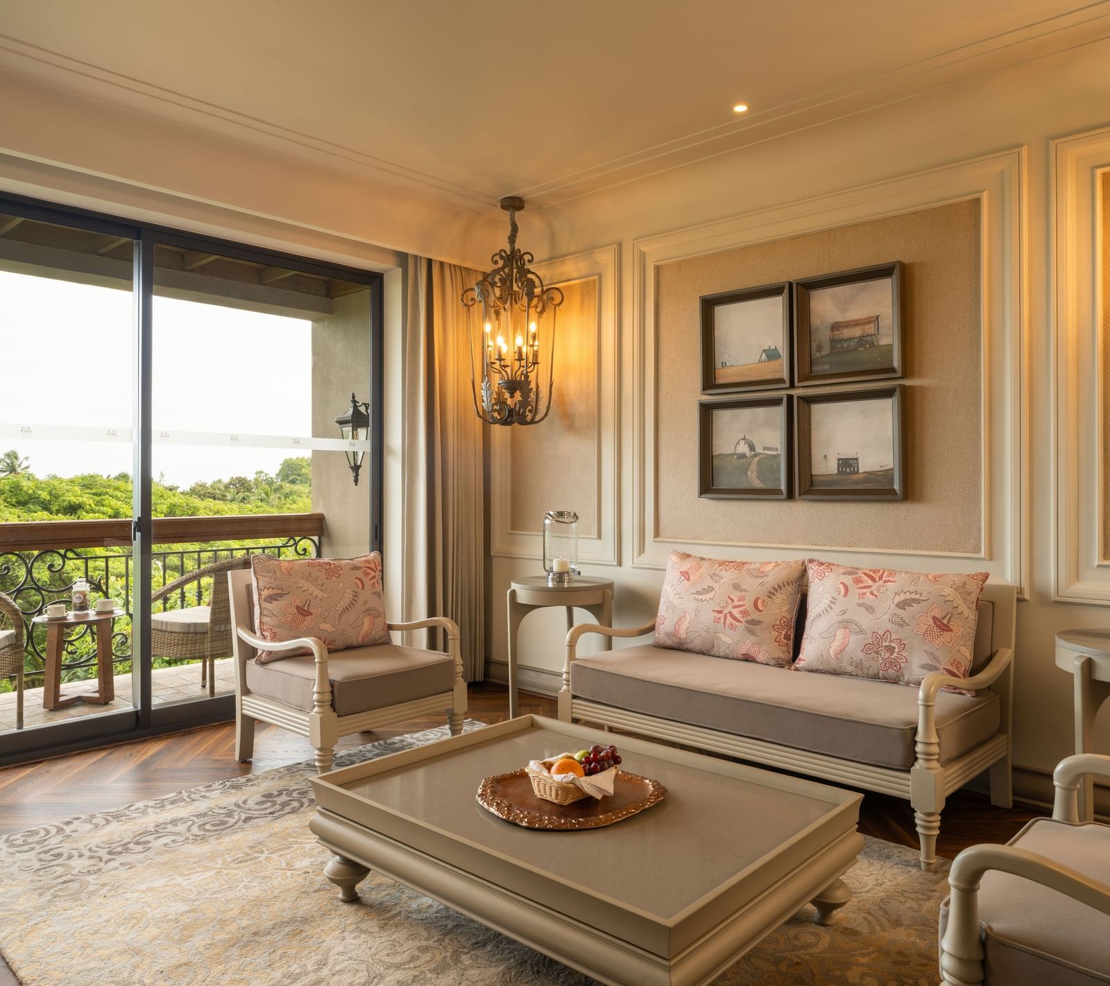 Full view of the living room of the Evren Suite with a balcony beside it at The Evren, Vagator.