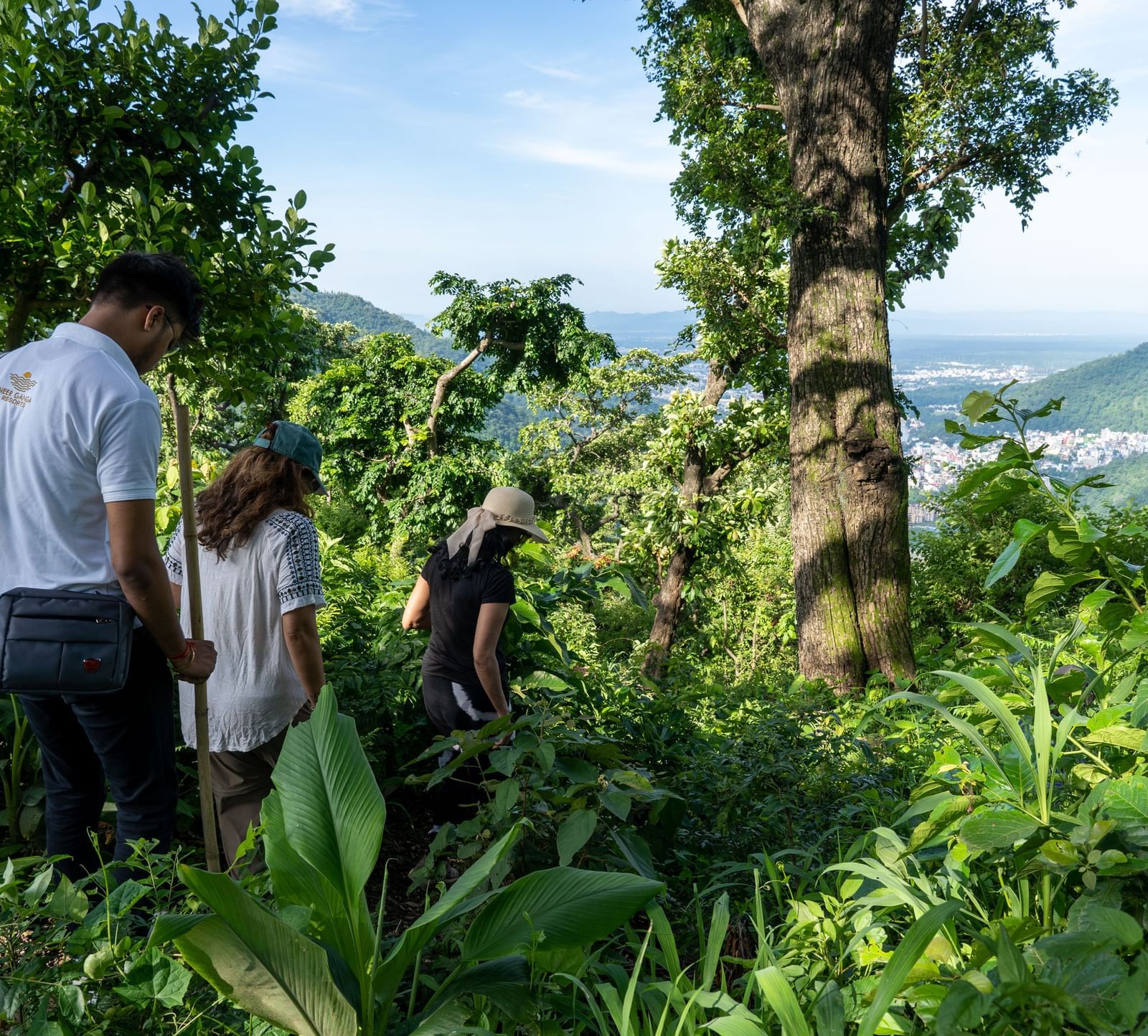 a group of people walking amidst a lush green area - Neer Ganga Resorts