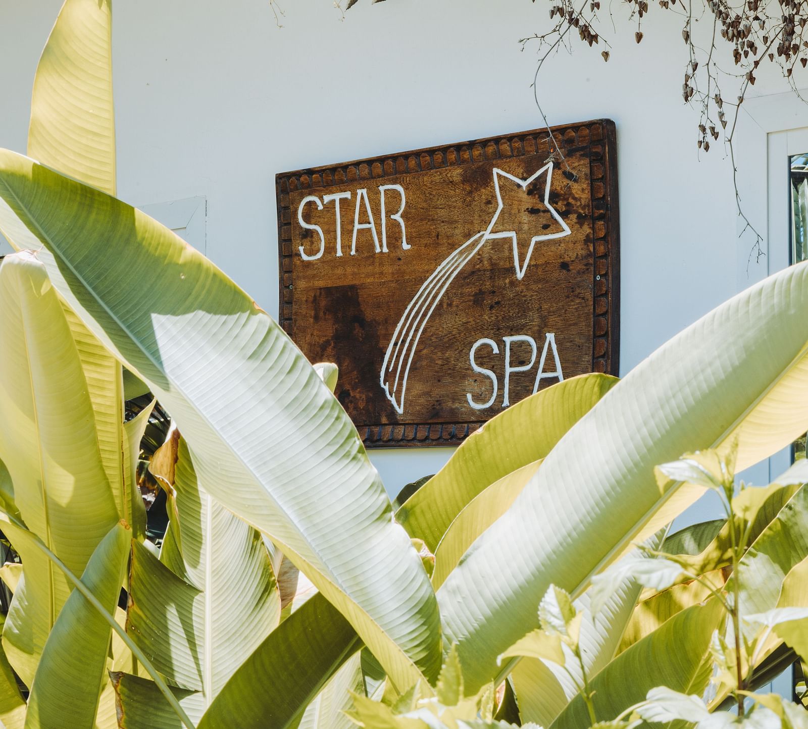 A serene outdoor setting with green foliage and a signboard at Shooting Star Spa