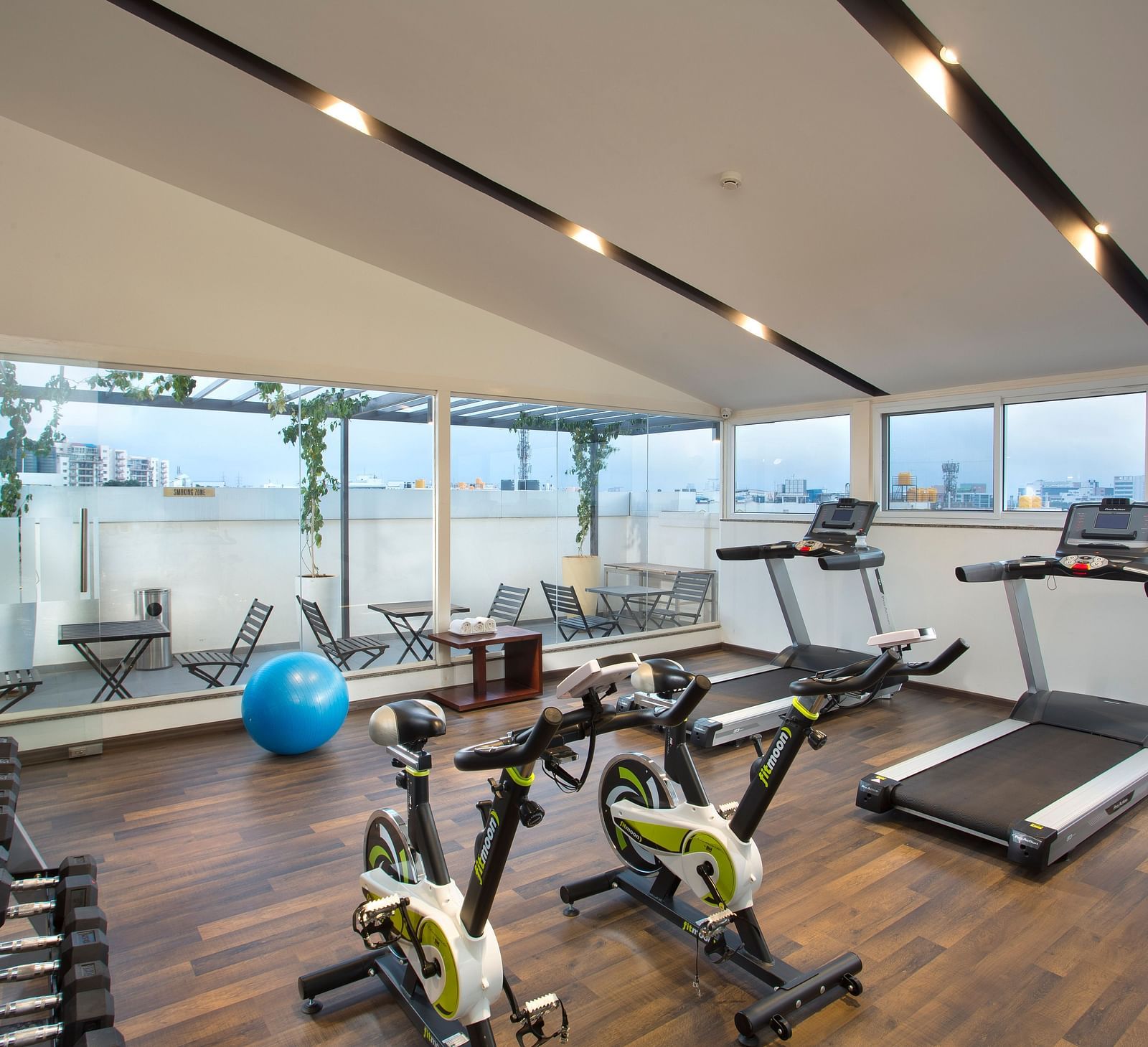 The gym with a view of the outdoor terrace, showcasing treadmills and stationary bikes - De Venetian by TGI, Brookefield