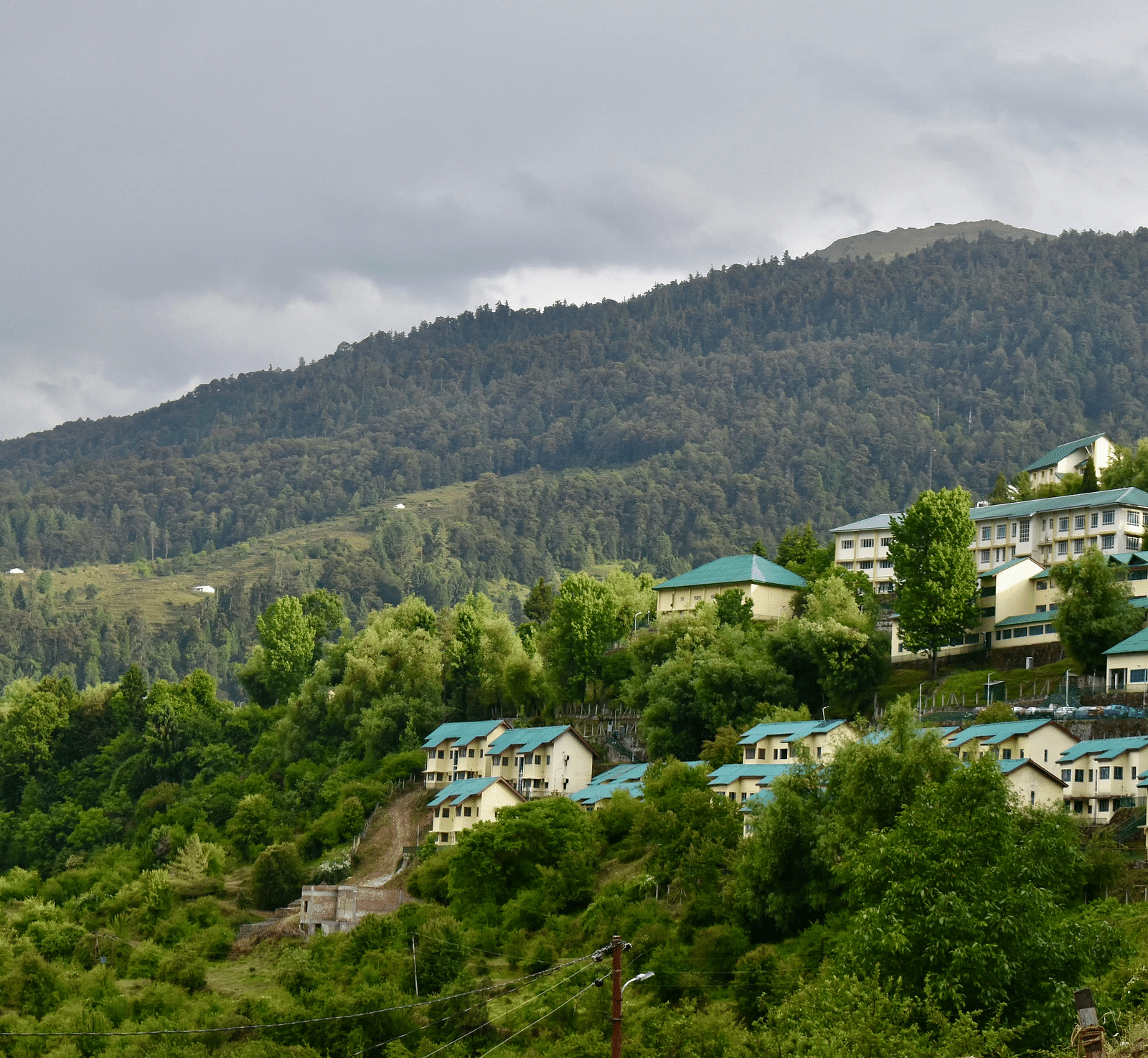 A cluster of two storey buildings with teal coloured roofs constructed amid lush green terrain.