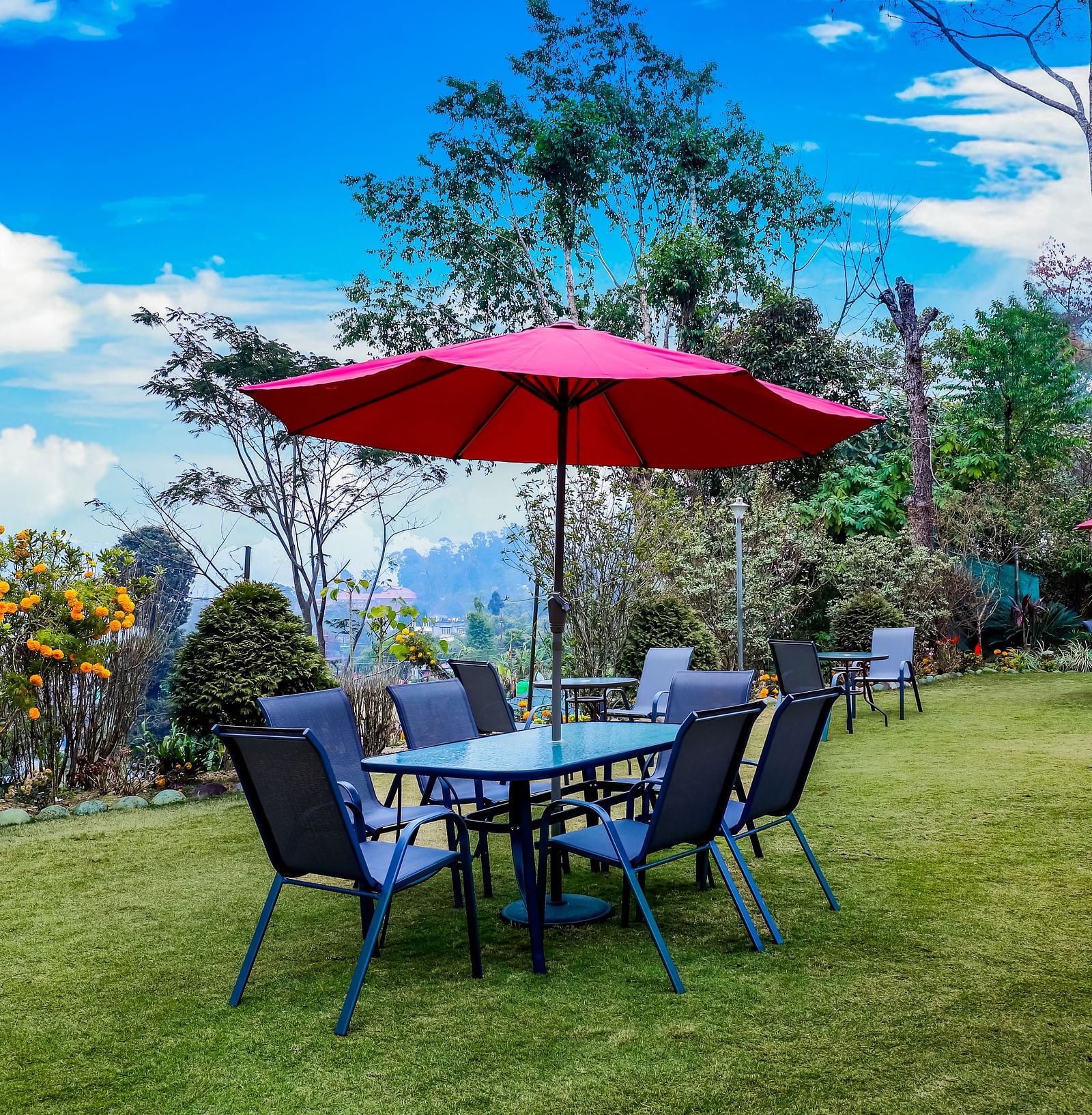 Dining arrangement in the lawn at Summit Barsana Resort & Spa, Kalimpong