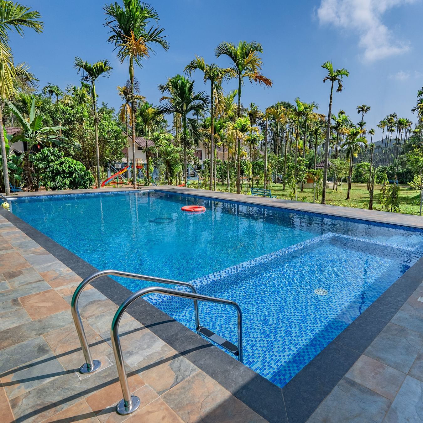 Side view of Swimming Pool surrounded by palm tress  at FEEL FREE RETREAT