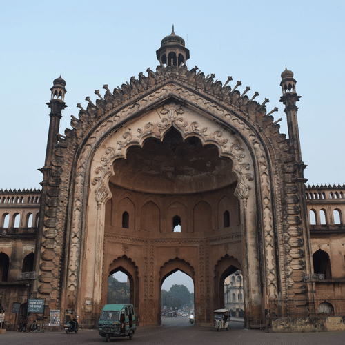 The majestic facade of the Rumi Darwaza in Lucknow, showcasing its intricate architecture.