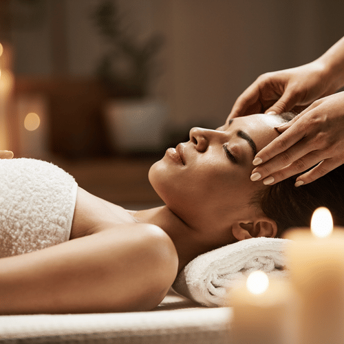 A woman wearing a towel receiving a head massage in a serene setting