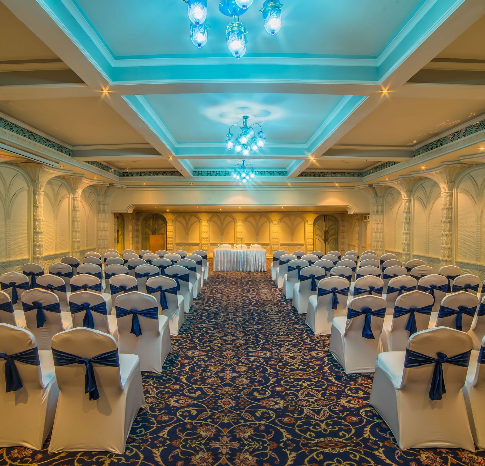 Seating arrangement in Samarkand Hall at Sitara Luxury Hotel in Hyderabad near Ramoji Film City.