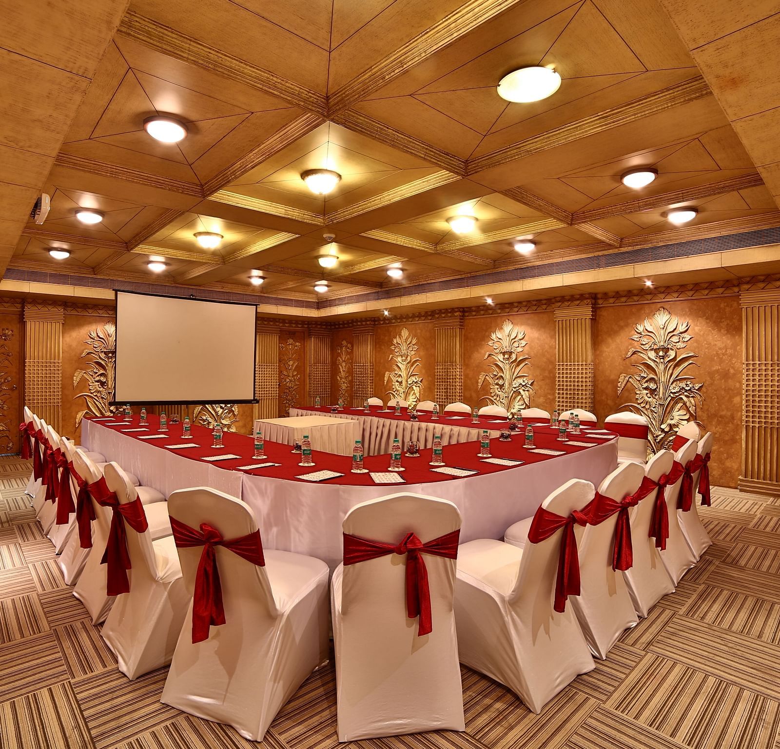 Seating arrangement in Sangam Hall at Sitara Luxury Hotel in Hyderabad near Ramoji Film City.